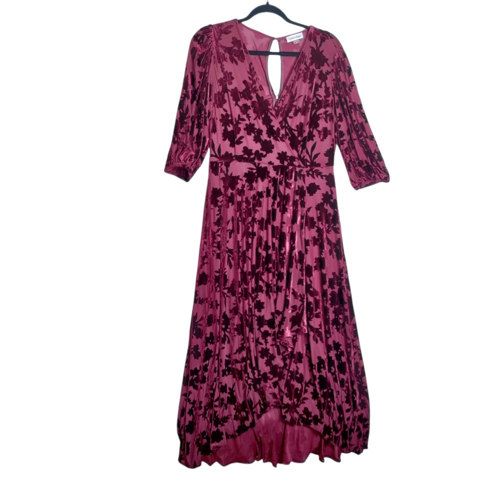 Calvin Klein Burgundy Velvet Burnout Floral High-Low Midi Dress Size 12